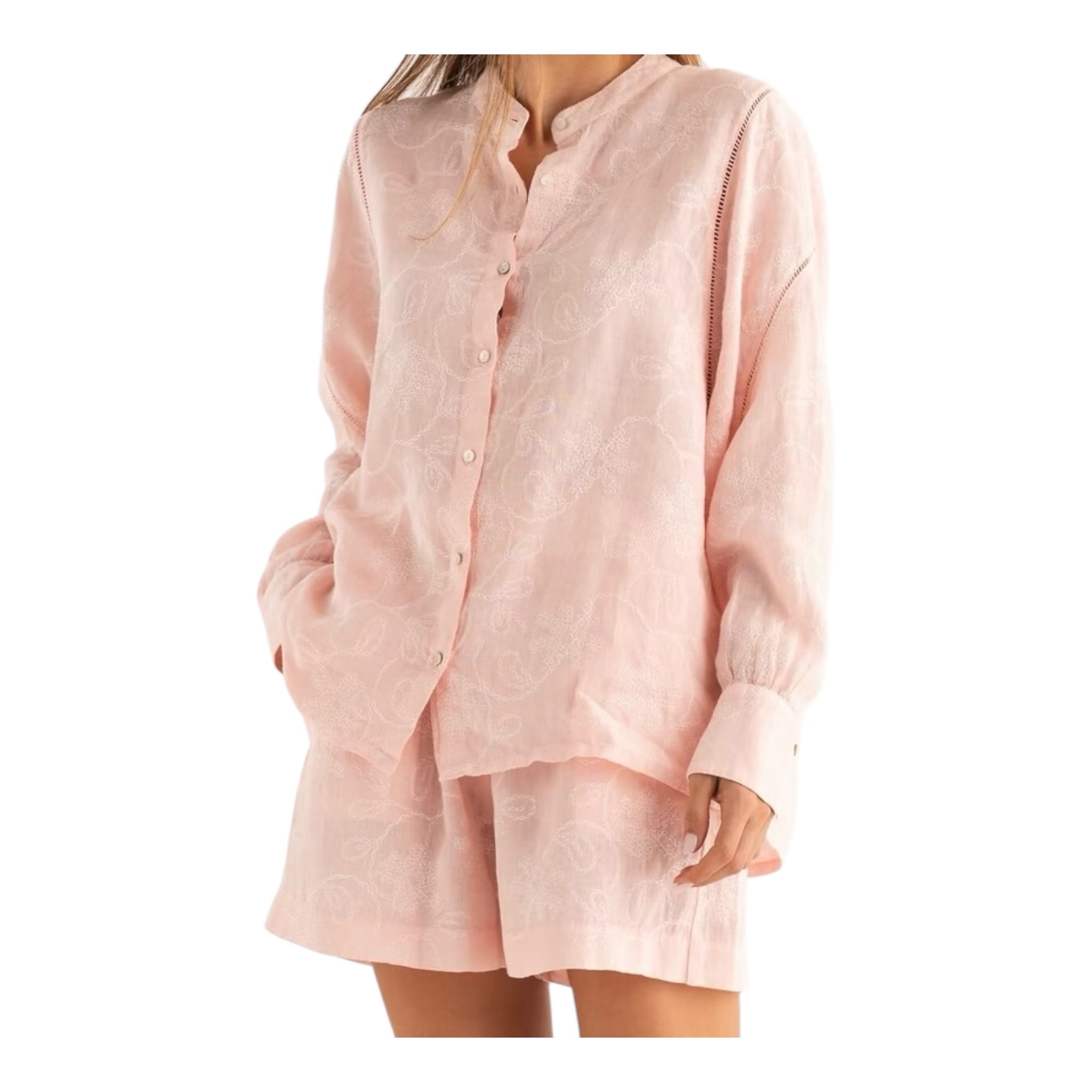 Leinen Langarmbluse mit Stickerei